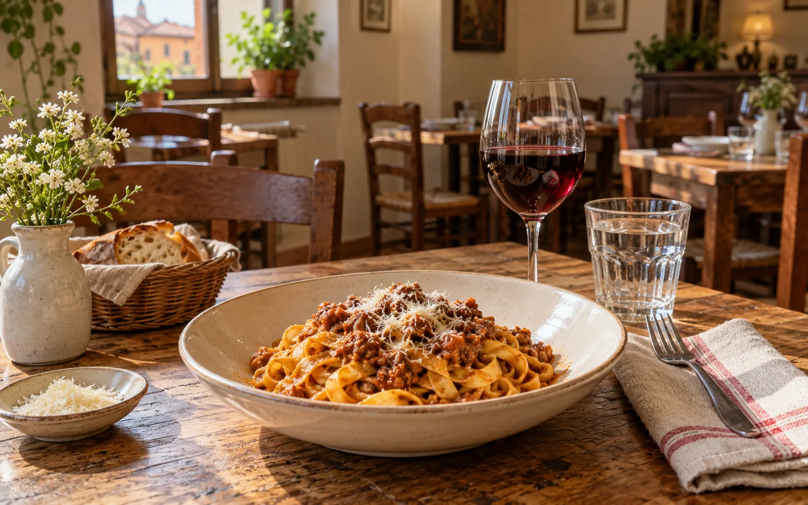 A restaurant table with pasta and wine